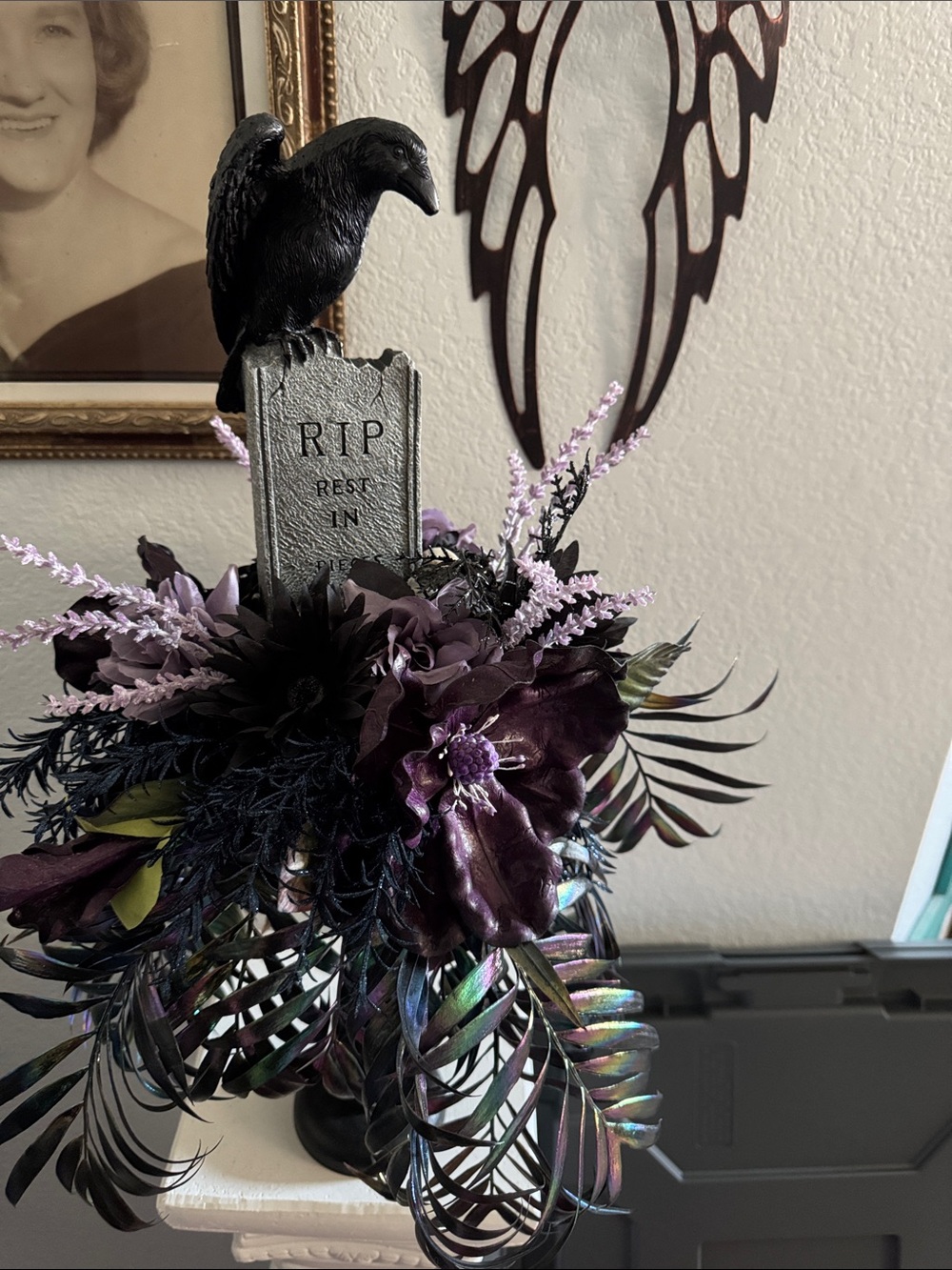 Gothic Raven Tombstone Faux Floral Arrangement - Black & Purple
